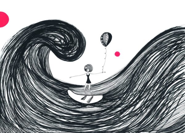 Tsunami encre de chine sur papier et acrylique