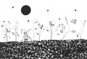 Mort bucolique d'un robot Encre de Chine sur Papier 42 x 59 cm